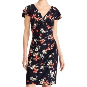 LAUREN RALPH LAUREN Floral Jersey Faux Wrap V Neck Flutter Sleeve Pullover Dress